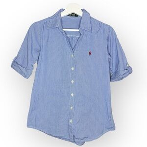 Ralph Lauren Polo Blue and White Micro Check Preppy Button Front Shirt Medium